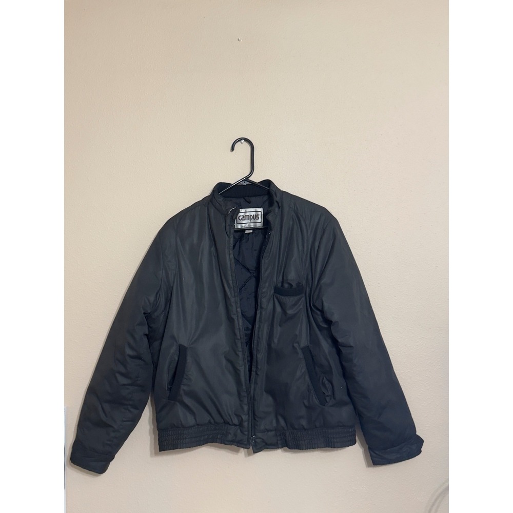 Vintage Campus Mens Black Bomber Jacket Quilted Padded Full Zip Coat Large